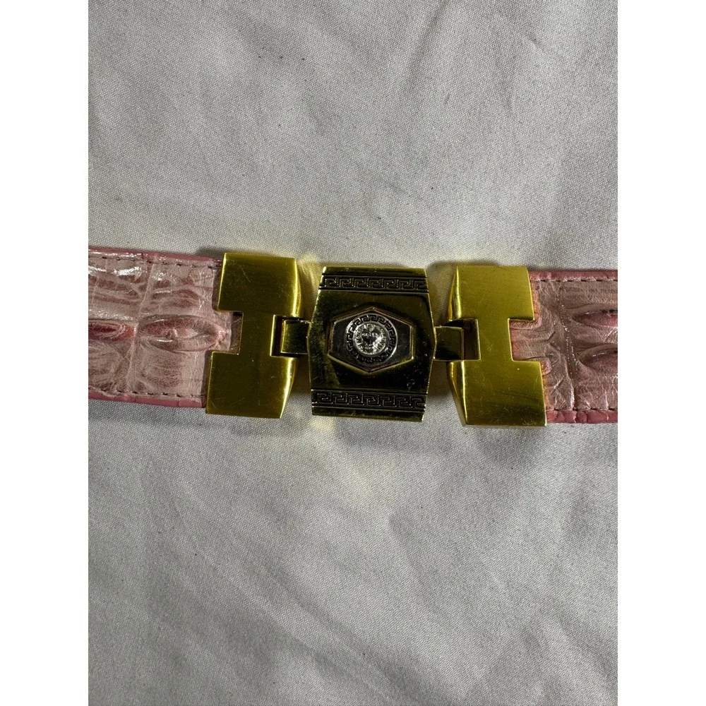 Versace Style Pink Crocodile Embossed Leather Belt Gold Medusa Greek Key Buckle